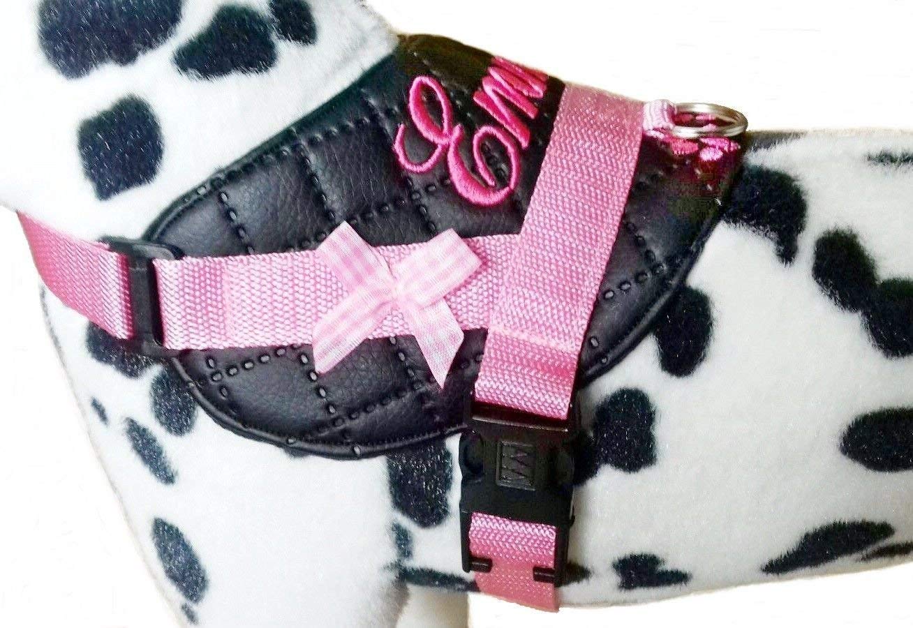 Hundegeschirr Kunstleder Schwarz/Rosa mit Namen bestickt