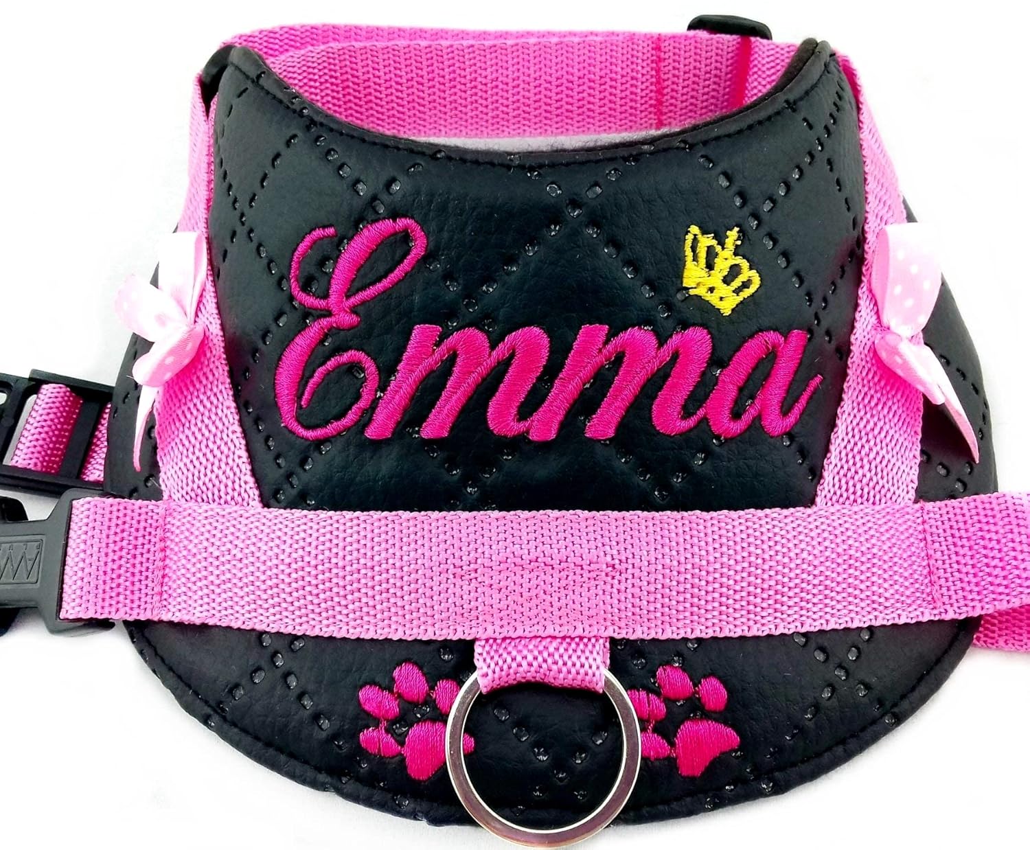 Hundegeschirr Kunstleder Schwarz/Rosa mit Namen bestickt