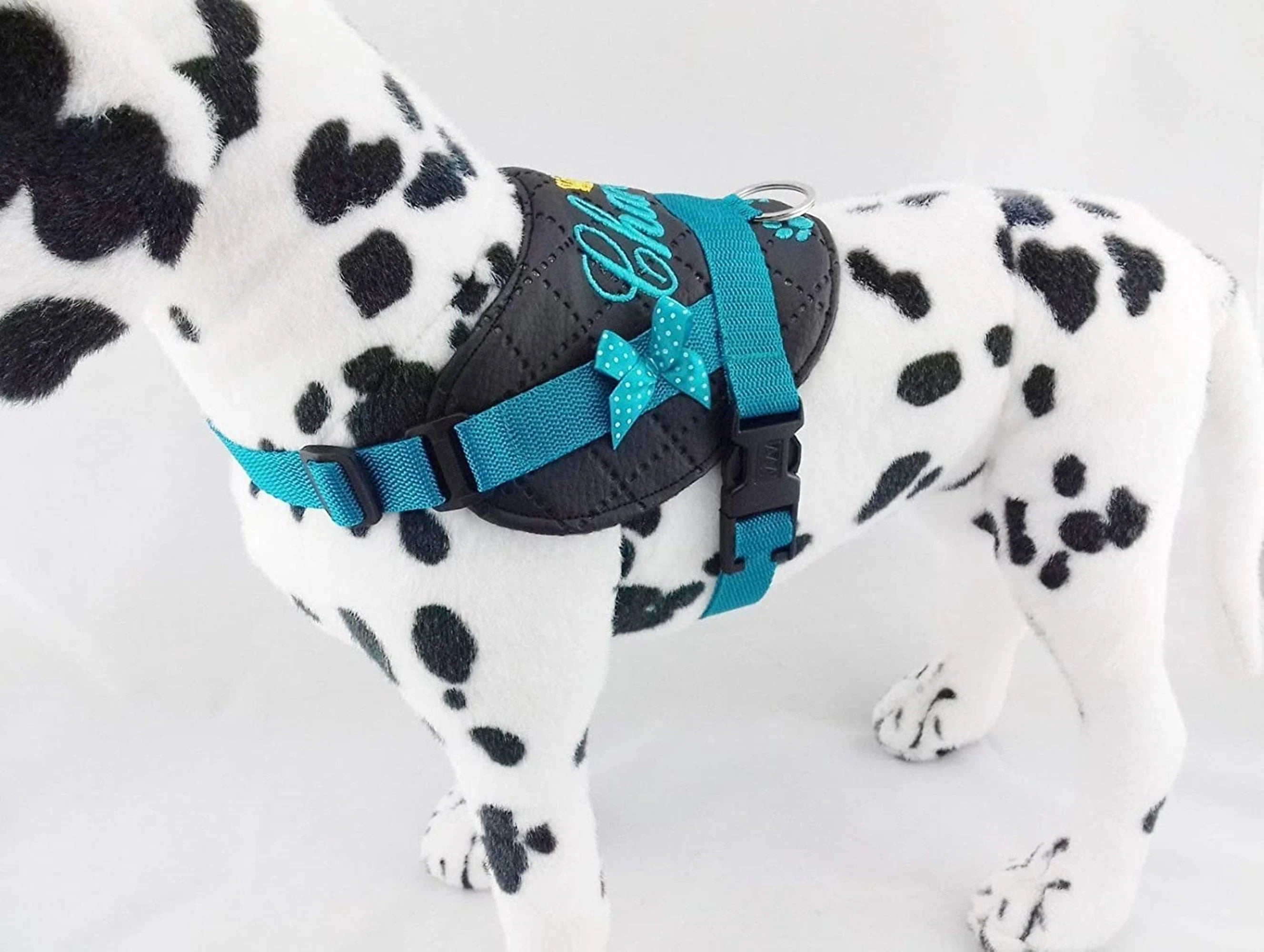 Hundegeschirr Kunstleder Schwarz/Türkis mit Namen bestickt (Kopie)