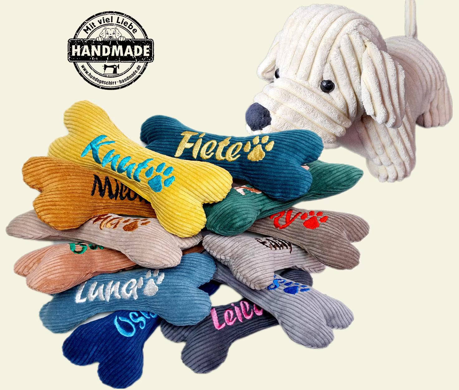 Hundespielzeug Knochen personalisiert, bestickt